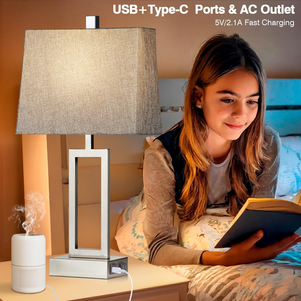 Rinweey Touch Control Table Lamps Set of 2, Modern Silver Bedside Lamps with USB A+C Ports & AC Outlet, 3 Way Dimmable Contemporary Nightstand Lamps for Bedroom Living Room(LED Bulb Included)