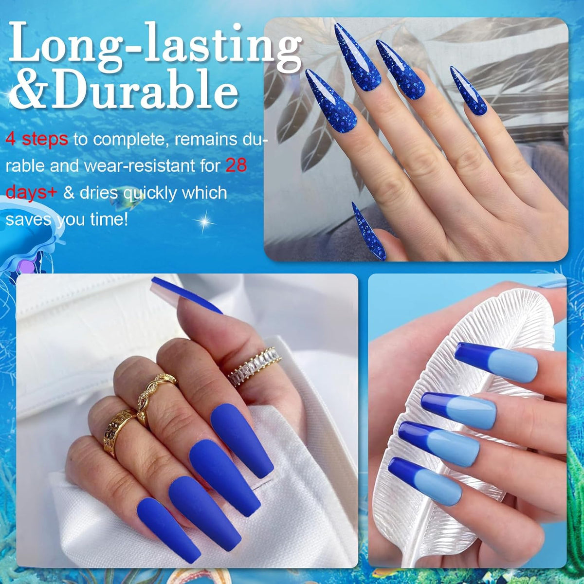 Honey Joy Dip Powder Nail Kit Starter,4 Colors Navy Blue Sky Blue Purple Glitter Dipping Powder Liquid Set with Base Top Coat for Nail Art Manicure Salon DIY No LED Nail Lamp Needed，Dip-7pcs-04
