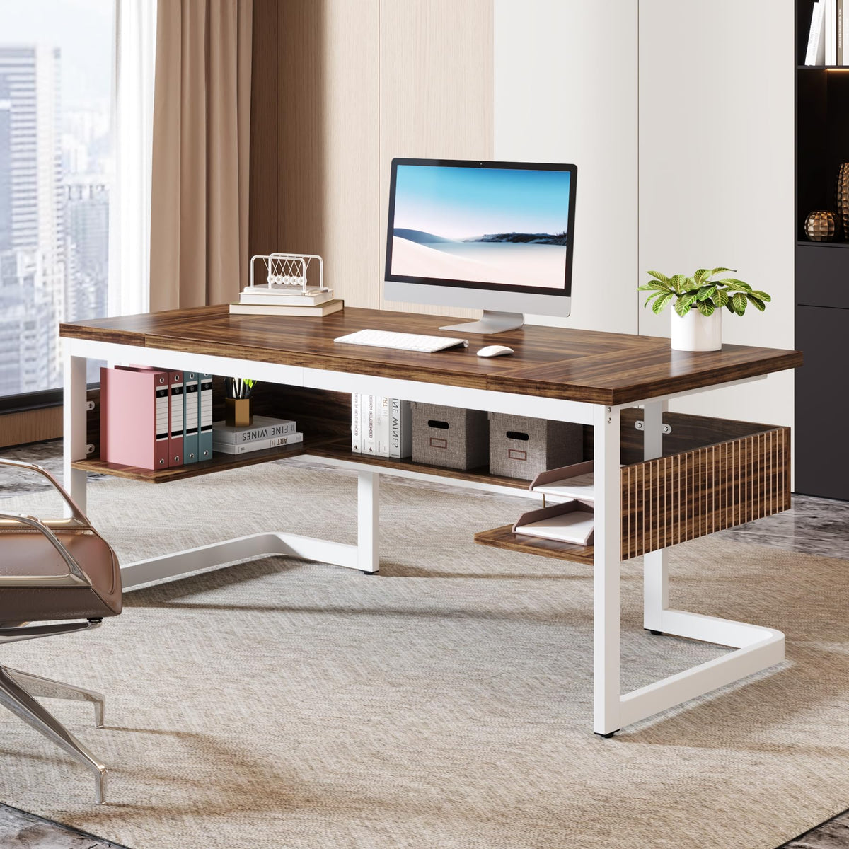 Tribesigns 63" Executive Desk with Bottom Shelves, Large Office Computer Desk, Modern Simple Workstation Business Furniture for Home Office (Walnut & White)