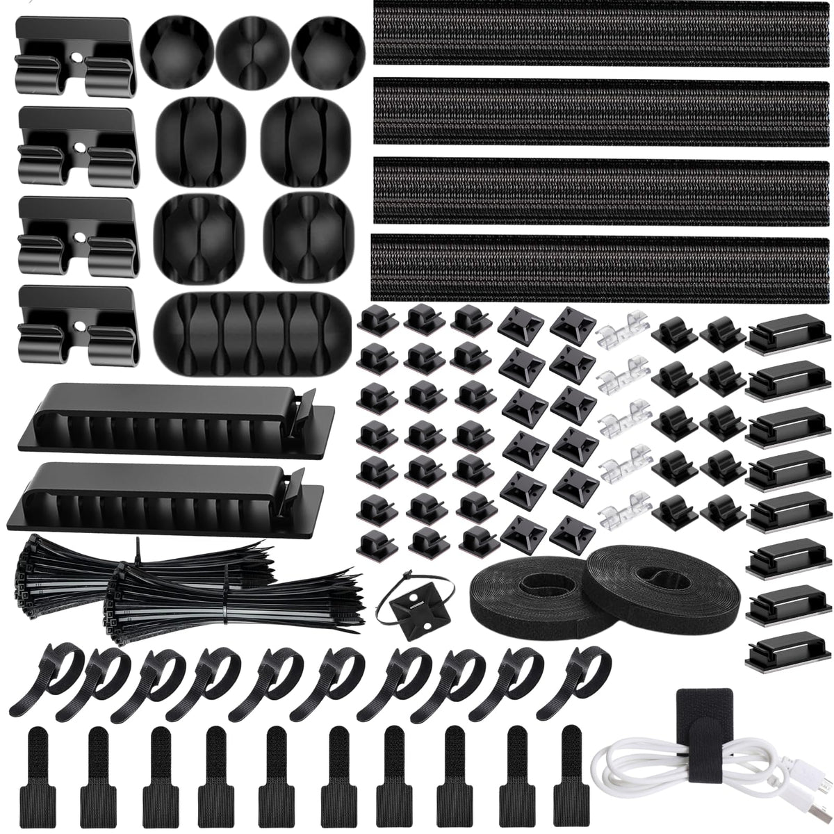 [313Pcs] Cable Management Kit, 67 Adhesive Cable Clips, Topavatop Desk Cord Organizer, 22 Reusable Cable Strap, 4 Cable Sleeve Split, 200 Nylon Cable Zip Ties with 20 Mounts for TV Office Home, White
