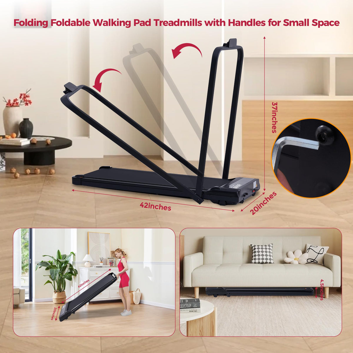 Portable Walking Pad Treadmills with Handle Bar, 3.0HP Folding Foldable Walking Pads Treadmill with Handles, Under Desk Compact Small Treadmill for Home Office Apartment, LED Display, 320LBS