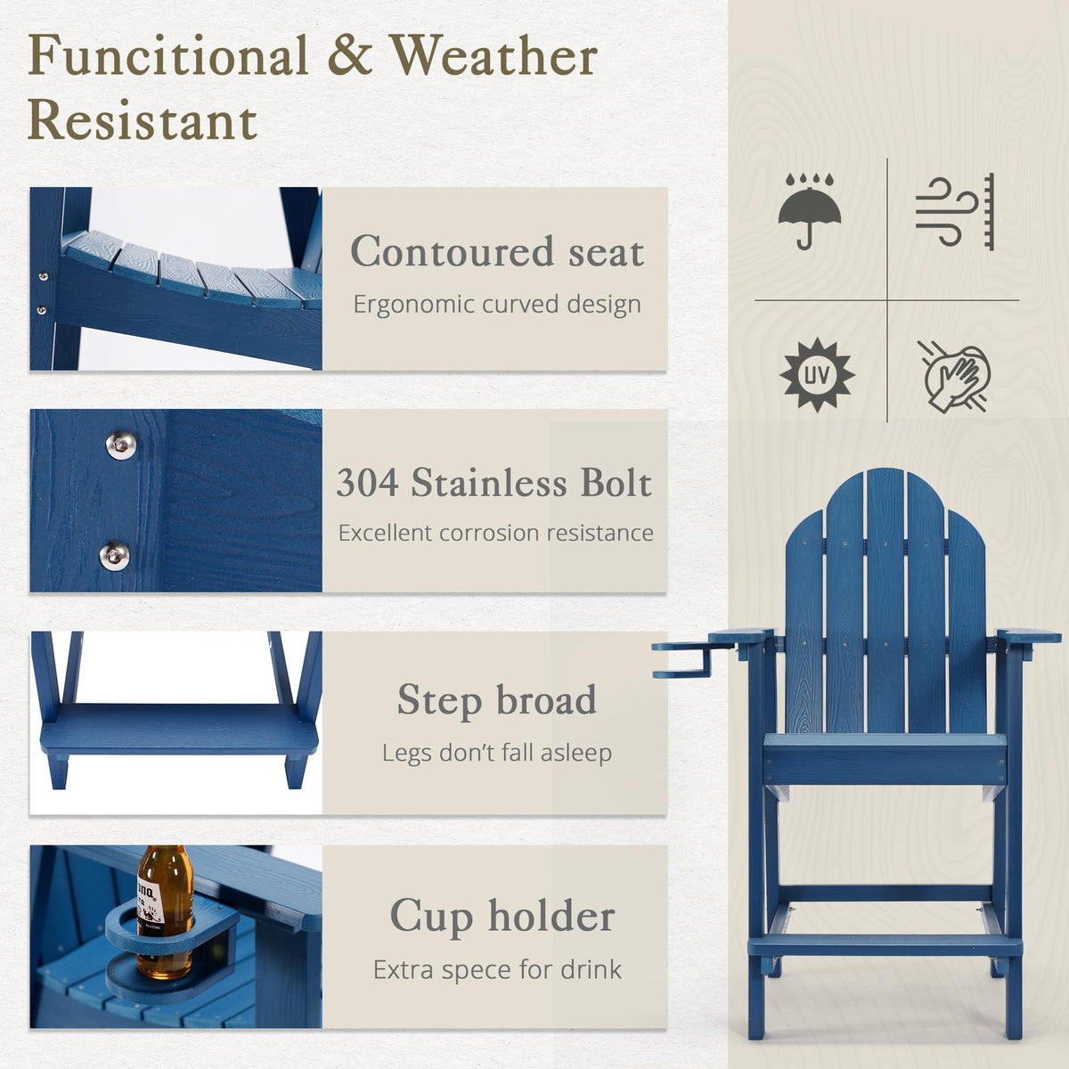 LUE BONA Tall Adirondack Chairs Set of 2, Recycled Poly Adirondack Chair Bar stools with Cup Holder, 25.6", 300Lbs, Eco-Friendly, Weather Resistant Lifeguard Chair for Balcony,Deck