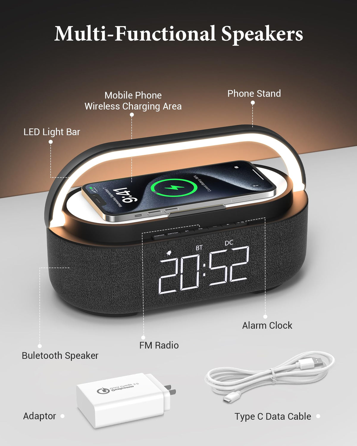 FREEFISH Bluetooth Speaker with Fast Wireless Charger,FM Radio,Touch LED Night Light,Phone Holder,Snooze, Portable Wireless Speaker for Bedrooms Office Home, Gifts (Black)