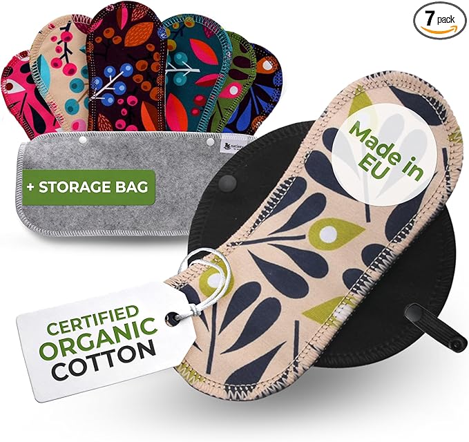 Organic Cotton Reusable Panty Liners for Women & Teens (Small, 7-Pack); High-Temp Washable Cloth Liners Made in EU; Stay Fresh & Dry, for Daily Vaginal Discharge Only; 100% Breathable (no PUL/TPU)