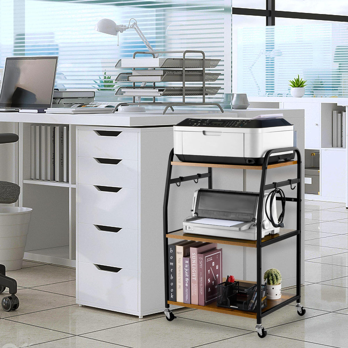 Vividwood Printer Stand - Large 3 Tier Printer Table with Adjustable Storage Shelf - Rolling Cart with Wheels -Stable Desk for Home Office Use (Rustic Brown)