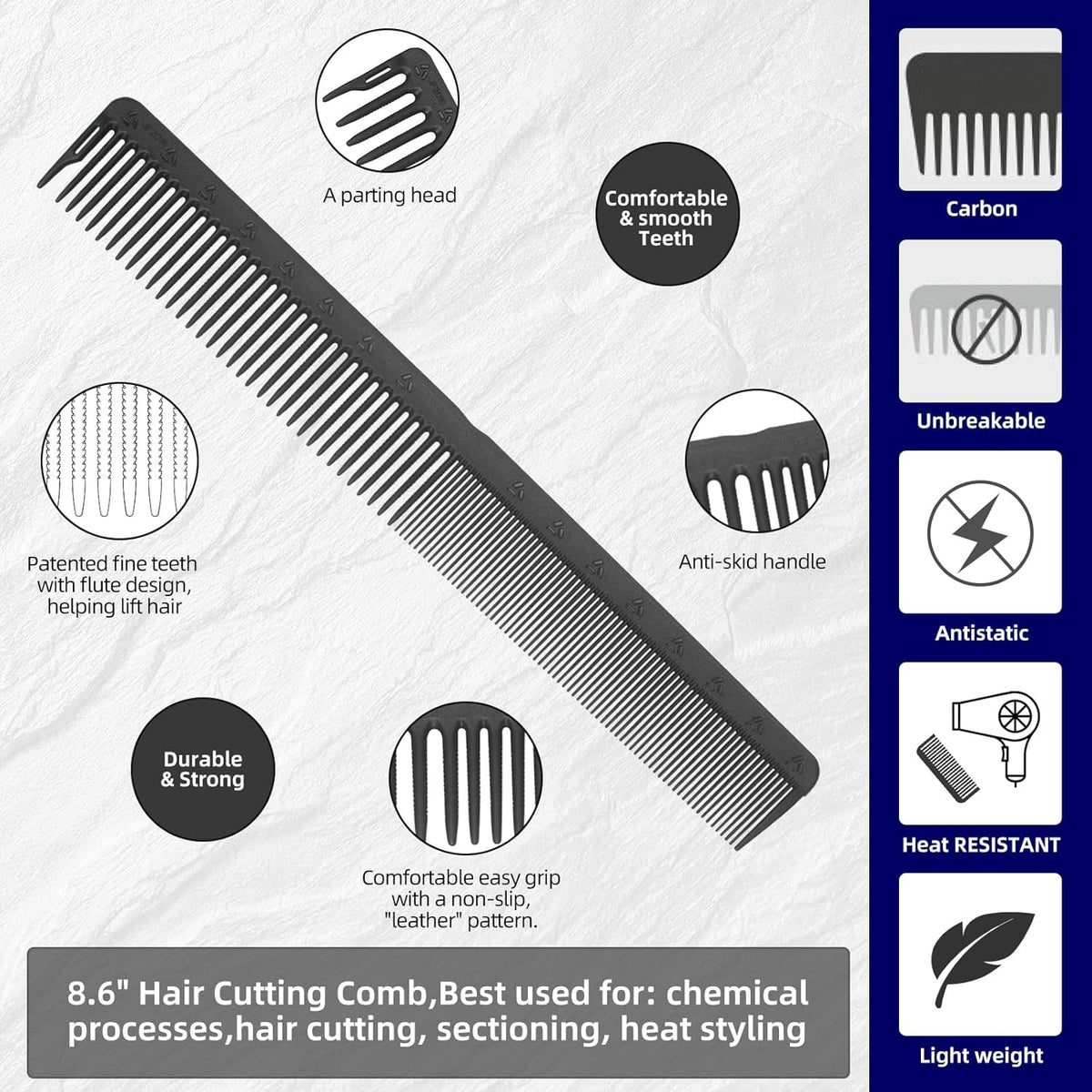 PERFEHAIR 2-Pack Professional Round Tooth Hair Cutting Comb - 8.6 Inch, Black Carbon Fiber Anti-Static & Heat Resistant, Durable Barber Combs with Fine & Wide Tooth for Precise Haircut for Men & Women