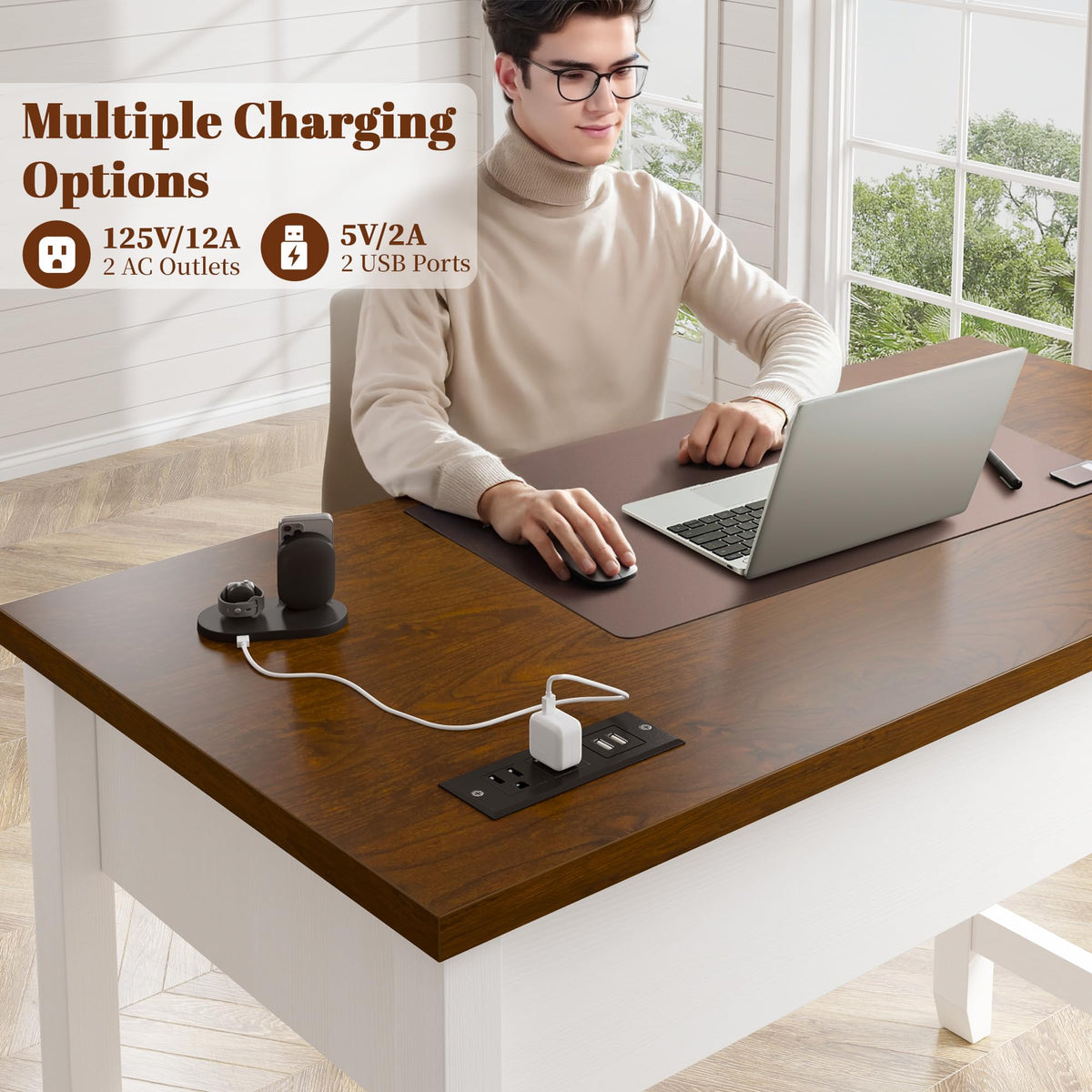 EnHomee 40" Small Desk for Bedroom, Computer Desk with Power Outlets for Home Office, Desks with Drawers and a Side Pocket, Brown+White