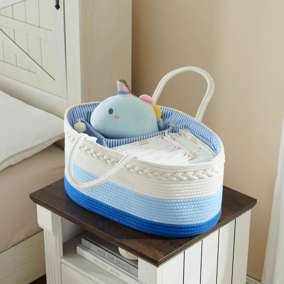 Baby Diaper Caddy Organizer, Extra Large Cotton Rope Nursery Diaper Basket, Changing Table Organizer, Portable Tote Bag with Divider, Car Storage, Baby Shower Gifts for Newborn Boys - Blue