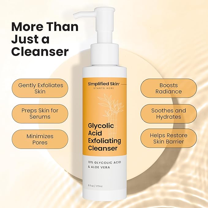 Simplified Skin Glycolic Acid Face Wash for Exfoliating & Anti-Aging - 10% AHA Cleanser to Remove Build Up & Even Tone on Face, Armpits & Body – With Aloe Vera & Sunflower Oil, 6 Fl Oz
