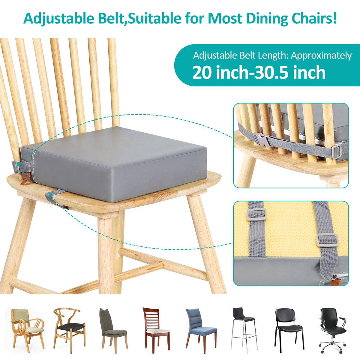 Toddler Booster Seat for Dining Table, Stronger Support Non-Slip Bottom Booster Seat for Kitchen Chair 2 Adjustable Straps Portable Travel and Home Increasing Booster Cushion Kid Baby(Grey)