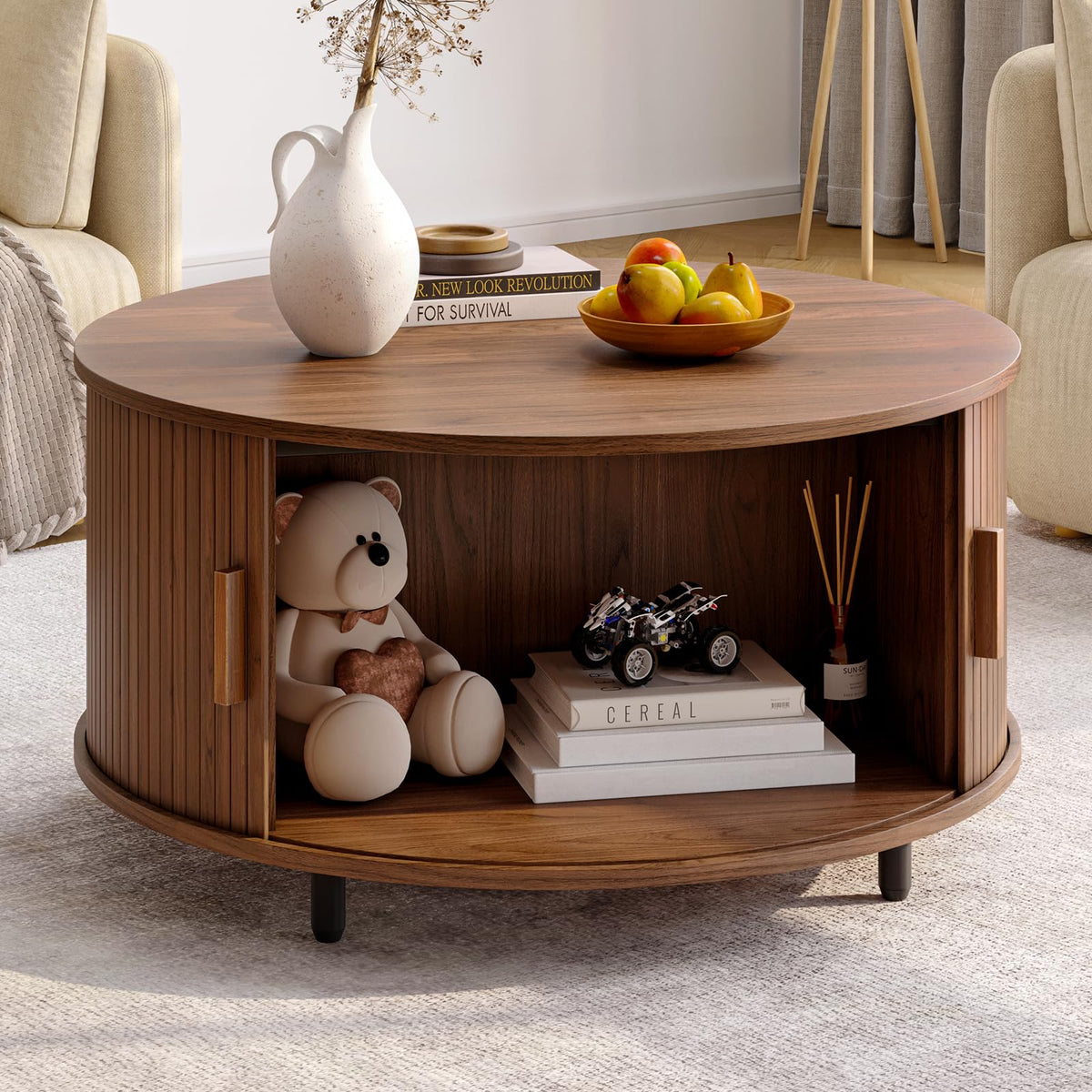 ONBRILL Round Coffee Table with Storage, 31.5" Modern Coffee Table with 360° Curved Sliding Door, Fluted Wood Accent Coffee Table with Adjustable Footpads, Round Center Table for Living Room, Walnut
