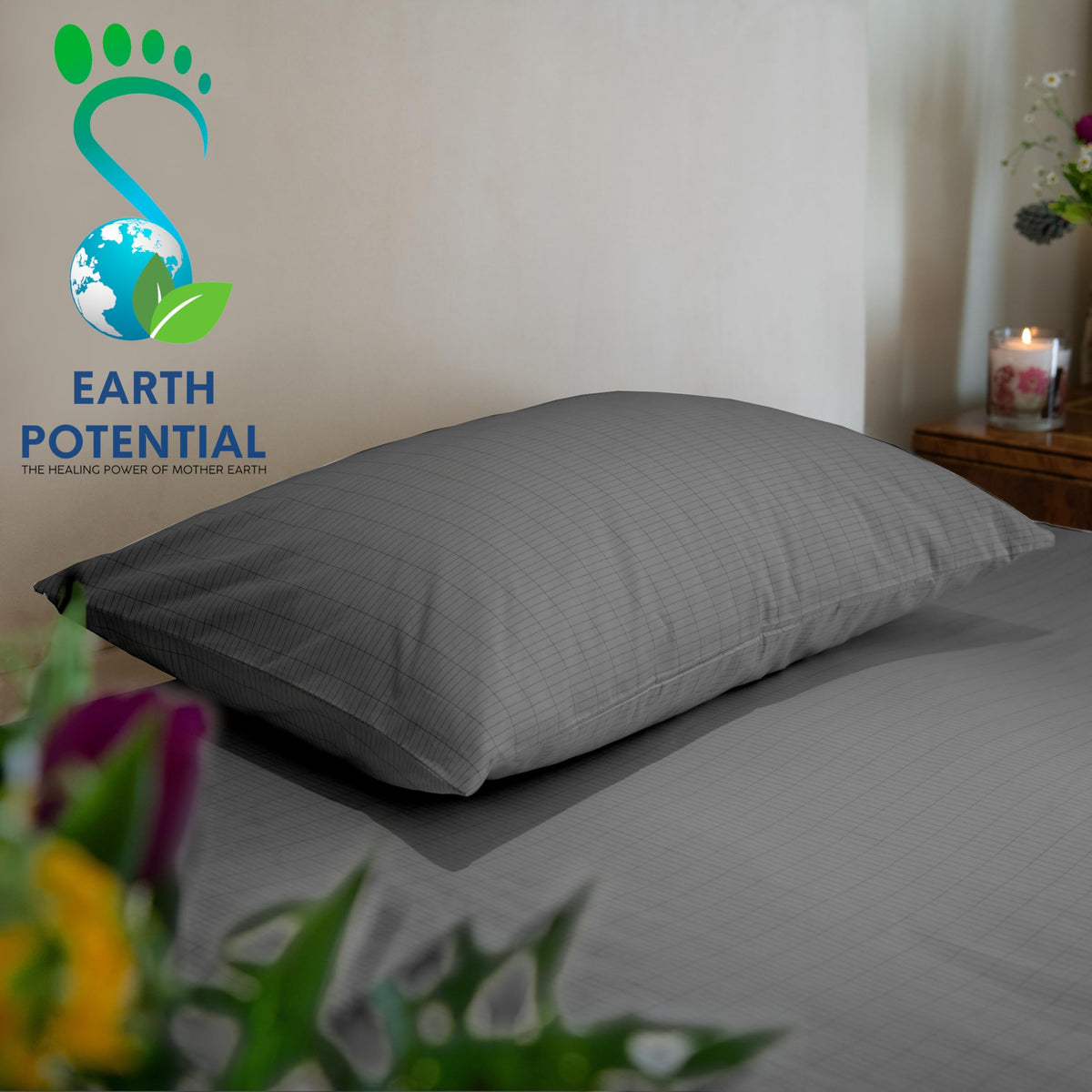 Earthing Grounding Pillowcase in Gray – Made from 95% Cotton and 5% Soft Silver Thread to fit a Standard 20” x 30” US Pillow - Supplied Complete with a 15ft grounding Cord, by Earth Potential