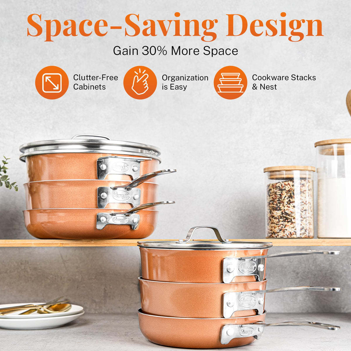 GOTHAM STEEL 10 Pc Copper Pots and Pans Set Non Stick Cookware Sets for Kitchen, Space Saving Pots and Pans with Fry Pan and Pot Set, Non Toxic, Nonstick Cookware Set, Oven and Dishwasher Safe