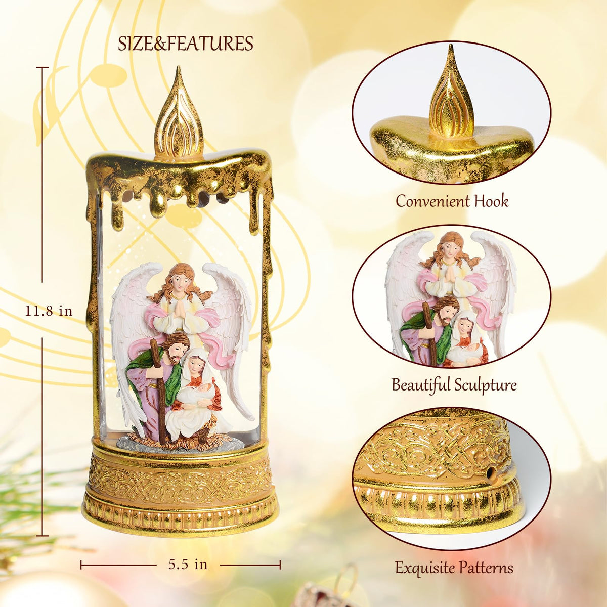 Christmas Snow Globes, 11.8" Nativity Glitter Water Lantern with Song, 6H Timer Battery & USB Powered Music Box for Christmas Decorations Indoor