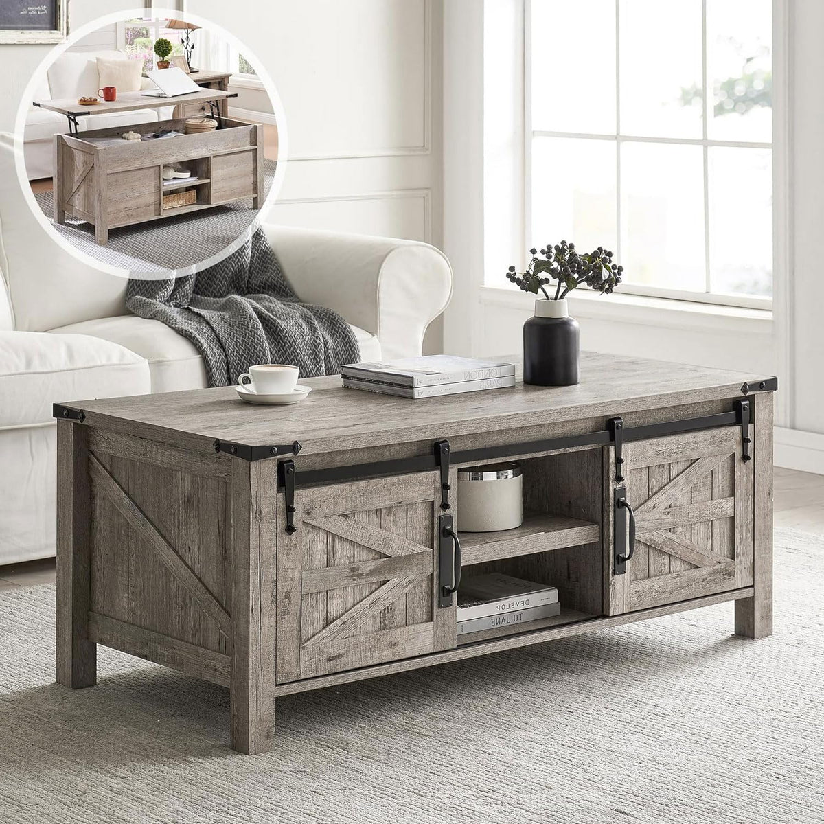 OKD 48" Farmhouse Lift Top Coffee Table with Sliding Barn Door, Rustic Center Table w/Hidden Storage Compartment, Lift Tabletop Dining Table w/Adjustable Shelf for Living Room,Light Rustic Oak
