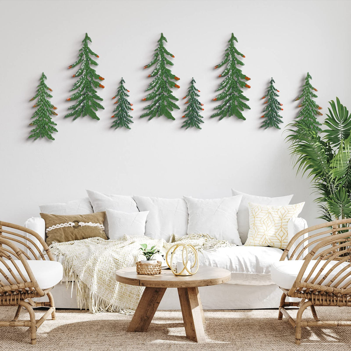 8 Pieces Pine Tree Metal Wall Decor Set Pine Tree Landscape Wall Art Pine Tree Decor Pine Sculpture Rustic Pine Tree Metal Wall Art Decor for Christmas Outdoor Home Farmhouse Cabin Decor (Green)