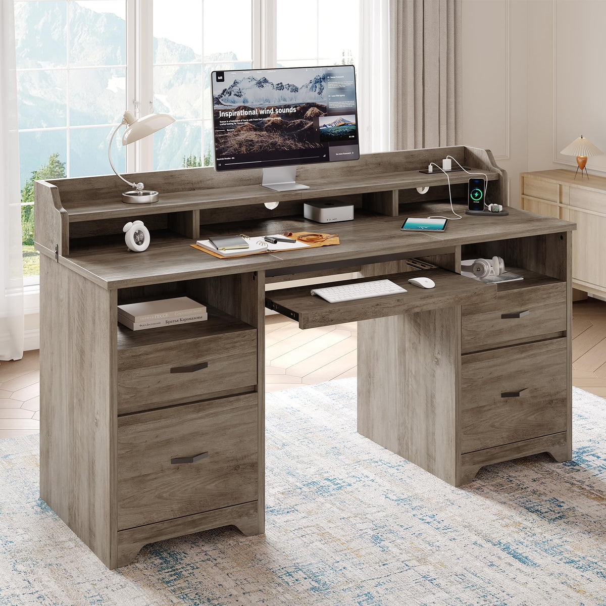 Bestier Farmhouse 59" Executive Desk with Drawers, Wood Computer Desk with Charging Station, Home Office Desk with Keyboard Tray & Monitor Stand, Sturdy Pedestal Desk for Work Study, Grey