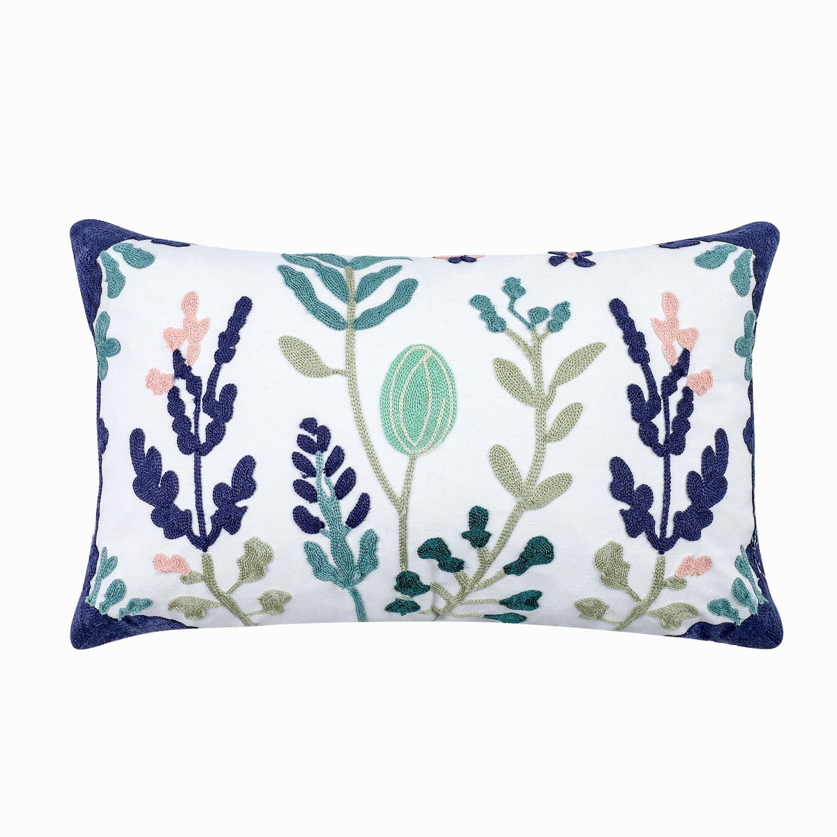 kittmin Summer Embroidered Outdoor Throw Pillow Covers – Set of 2, 12x20 Inch, Cotton, Botanical Floral Cushion Cases, Blue & Green Decorative Lumbar Pillows for Patio, Sofa, Bed & Couch(Leaf)