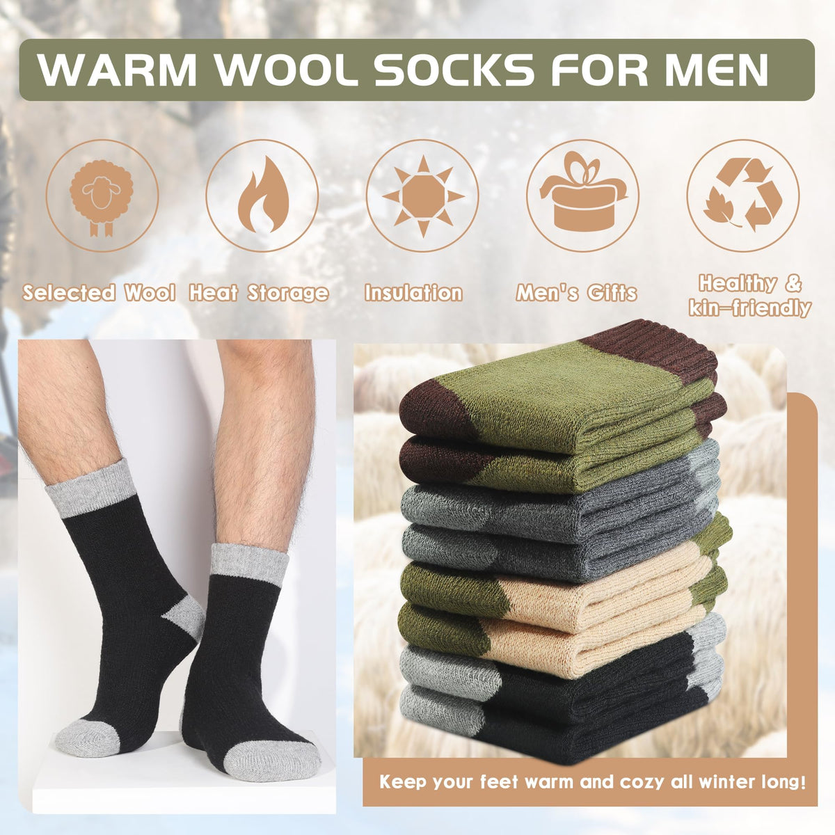 Yeblues Merino Wool Thermal Hiking Socks - 4 Pairs, Men's Sizes 6-11, Super Soft, Warm for Winter