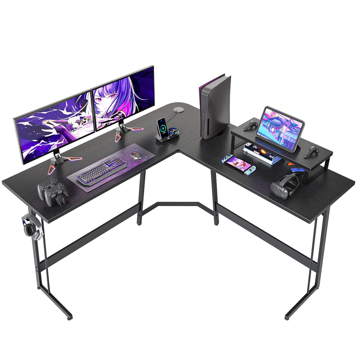 CubiCubi L Shaped Gaming Desk, 47 Inch Computer Desk with Monitor Stand, PC Gaming Desk, Corner Desk Table for Home Office Sturdy Writing Workstation, Black