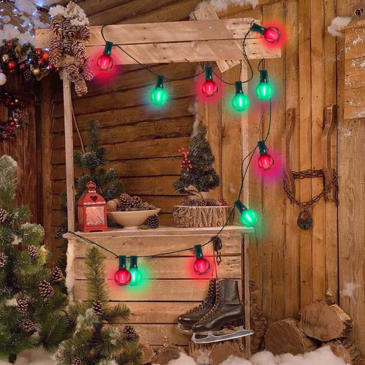 G40 LED Outdoor Christmas String Lights 50FT Hanging Globe String Light with 27 LED Shatterproof Frosted Red Green Lights(2 Spare), Waterproof Patio String Lights for Balcony Backyard Pergola Decor