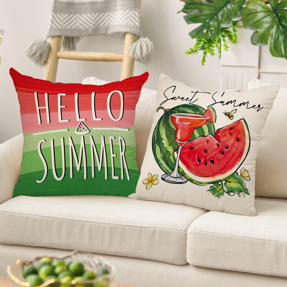 Ussap Hello Summer Watermelon Decorative Throw Pillow Covers 18 x 18 Set of 4, Life is Sweet Red Green Stripes Cushion Case Decor, Summer Vibes Fruit Juice Bees Seasonal Home Decoration for Sofa Couch