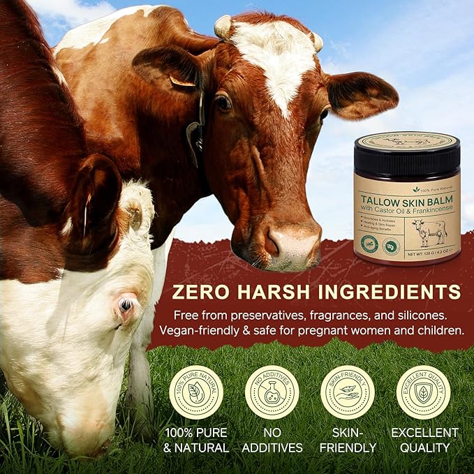 Beef Tallow Skin Care with Castor Oi & Frankincenses, Grass Fed Whipped Tallow Honey Balm for Face & Body, Natural Moisturizer Hydrates, Deeply Nourishes, Enhances Natural Radiance
