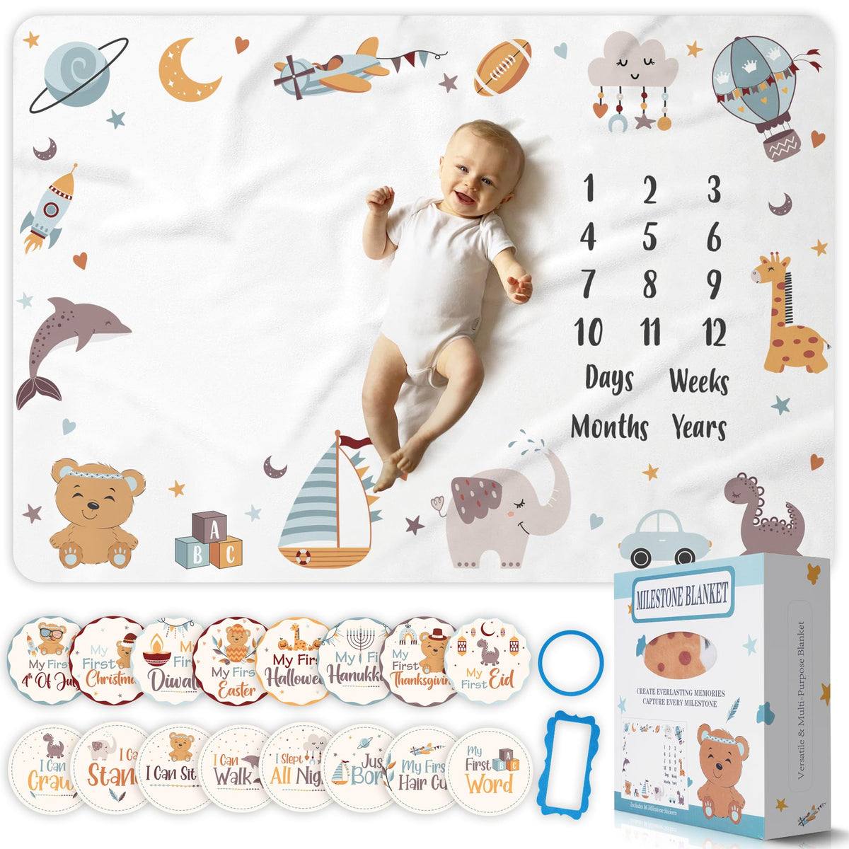 OSTANDRAFFE Monthly Baby Milestone Blanket for Boy, Premium Soft Fleece Blanket, First 12 Months Growth Chart, Large Size 60" x 40", 16 Milestone Stickers