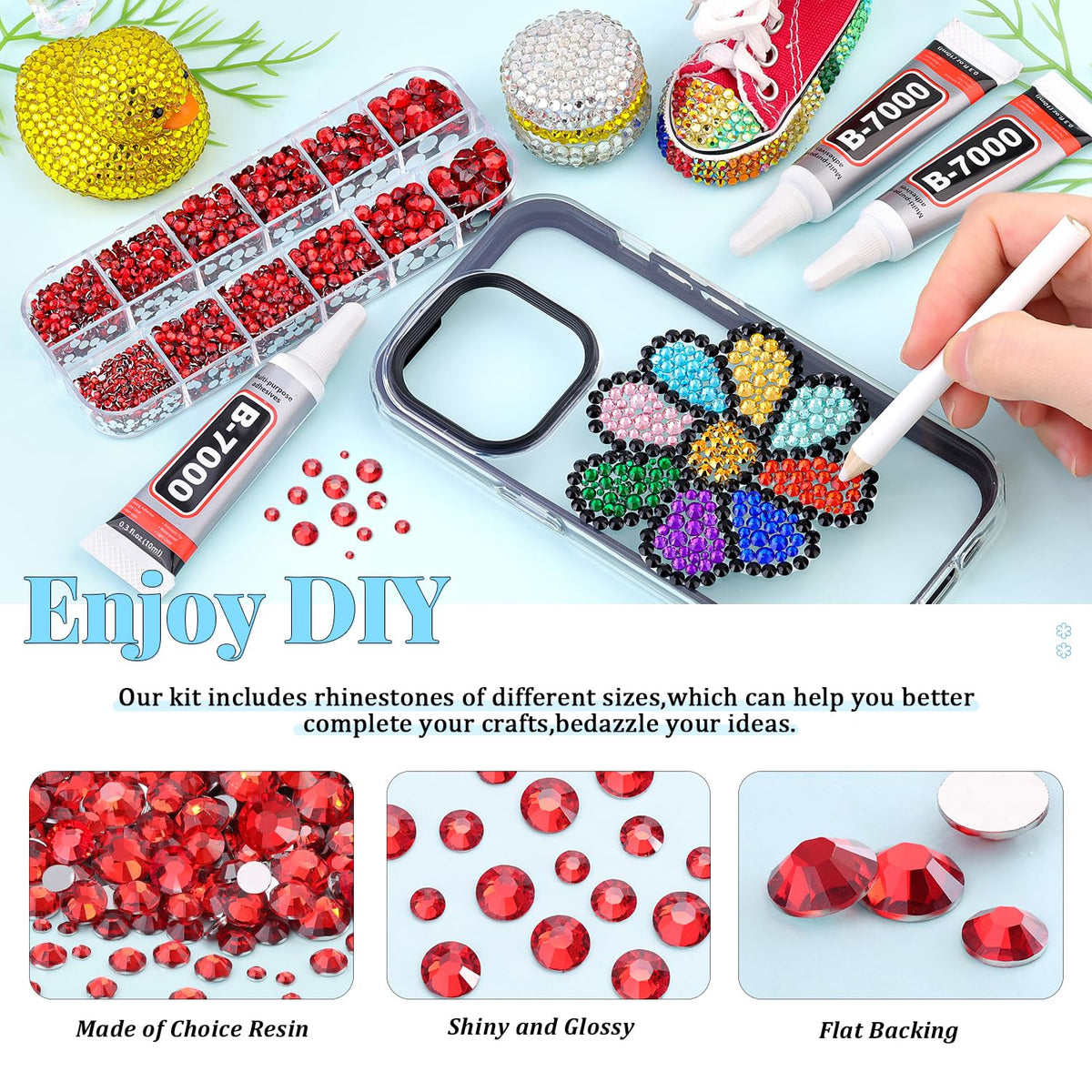 6000Pcs Resin Rhinestones for Bedazzling with 3Pcs B7000 Jewelry Glue, 1 Box Red Flatback Rhinestones for Crafting Crafts DIY, Crystals Gems for Clothing Shoes Tumblers Nail Art Makeup