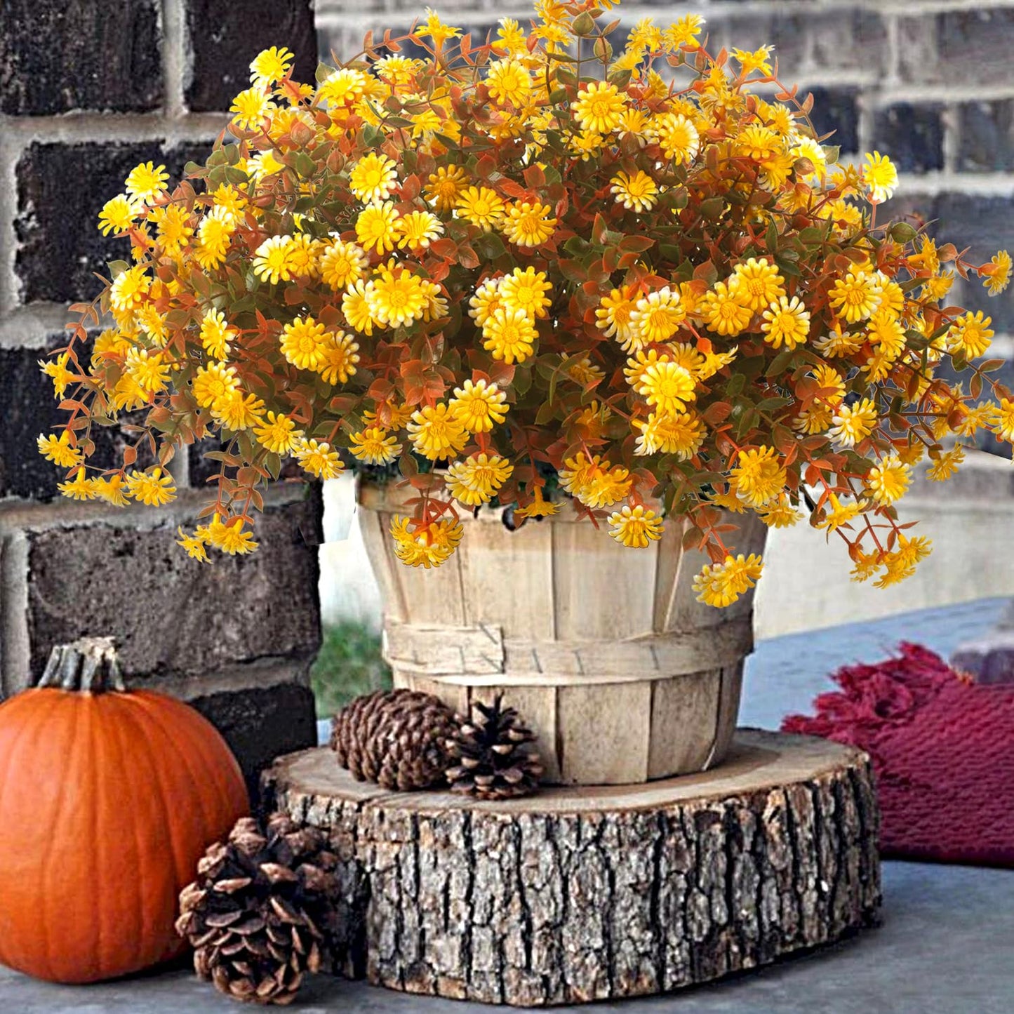 12 Bundles Artificial Fall Flowers for Outdoors Fake Plants - Faux Outside Greenery Boxwood No Fade Plastic Shrubs Decor Farmhouse Home Garden Thanksgiving (Fall)