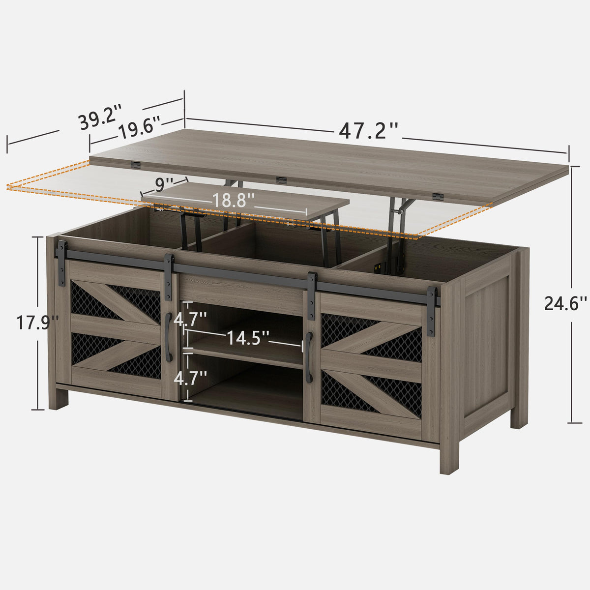 47.2" Lift Top Coffee Table, 4 in 1 Farmhouse Coffee Table with Storage and Sliding Barn Doors, Coffee Tables for Living Room, Dining Room (Grey)