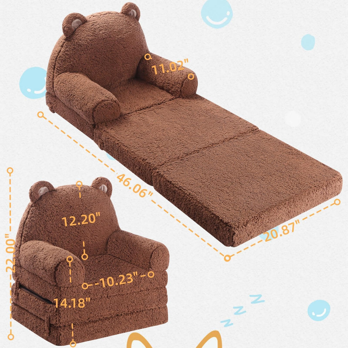 MOMCAYWEX Foldable Kids Sofa, Sherpa Teddy Bear Toddler Couch with Tri Folding Foam Cushions, Comfy Couch for Kids Age 18 Months and Up