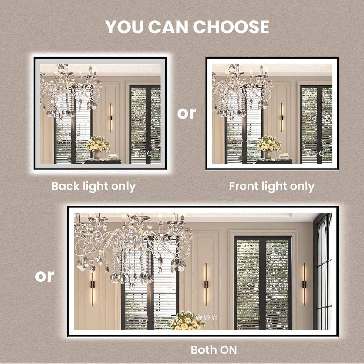 Amorho 55" X30" LED Bathroom Mirror with Black Frame, Front Light and Backlit(Controlled Separately), Stepless Dimmable, Anti-Fog, Shatter-Proof, 3 Colors, Memory