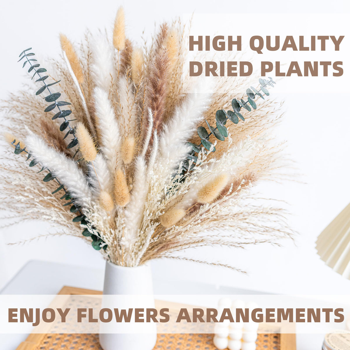 WILD AUTUMN Pampas Grass Decor Natural Dried Pampas Boho Home Decor Bouquet Dried Flowers Eucalyptus Bouquet for Wedding Floral Arrangements Table Decor Rustic Farmhouse (White&Green)