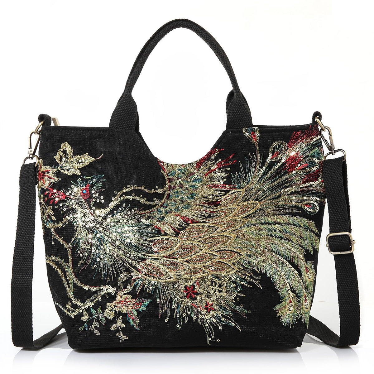 Jursccu Small Tote Handbag Sequins Embroidery Crossbody Bags for Women Casual Shoulder Bags (Black)