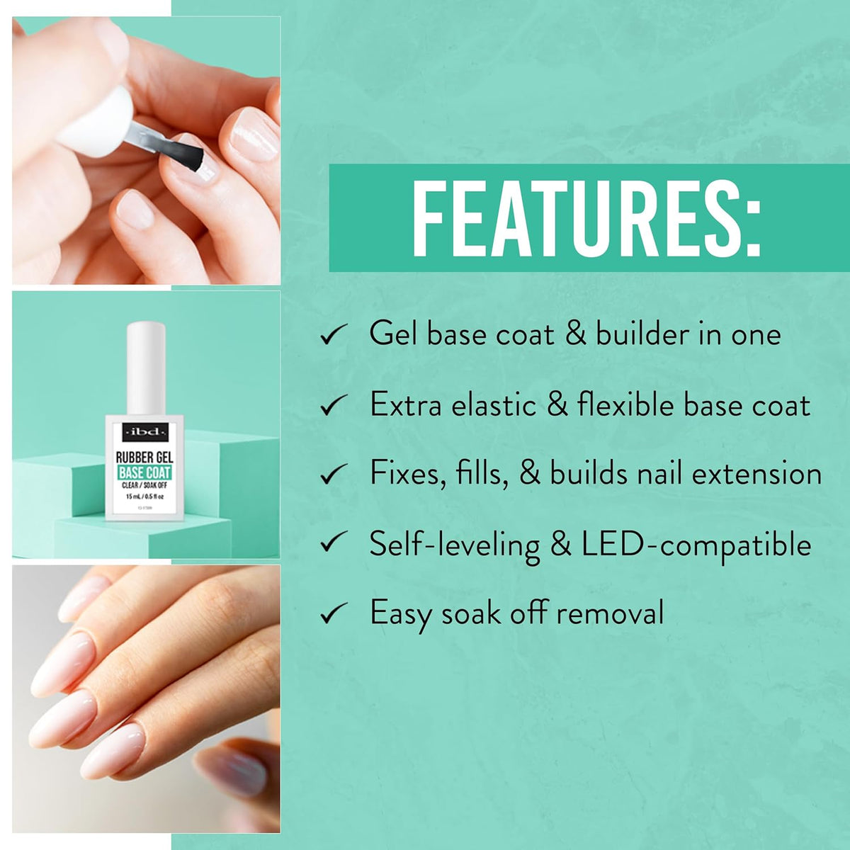 IBD Rubber Base Gel Nail Polish, Base Coat – Clear Soak-Off Builder Gel for Nails Strengthening & Breakage Prevention, 0.5 fl oz
