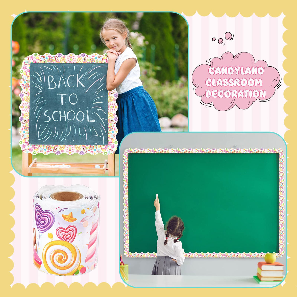 Outus 65.6ft Candyland Bulletin Board Border Lollipop Self Adhesive Scalloped Border Trims Sweet Themed Cutouts Bulletin Board for Classroom School Door Desk Supplies, Birthday Party Decorations