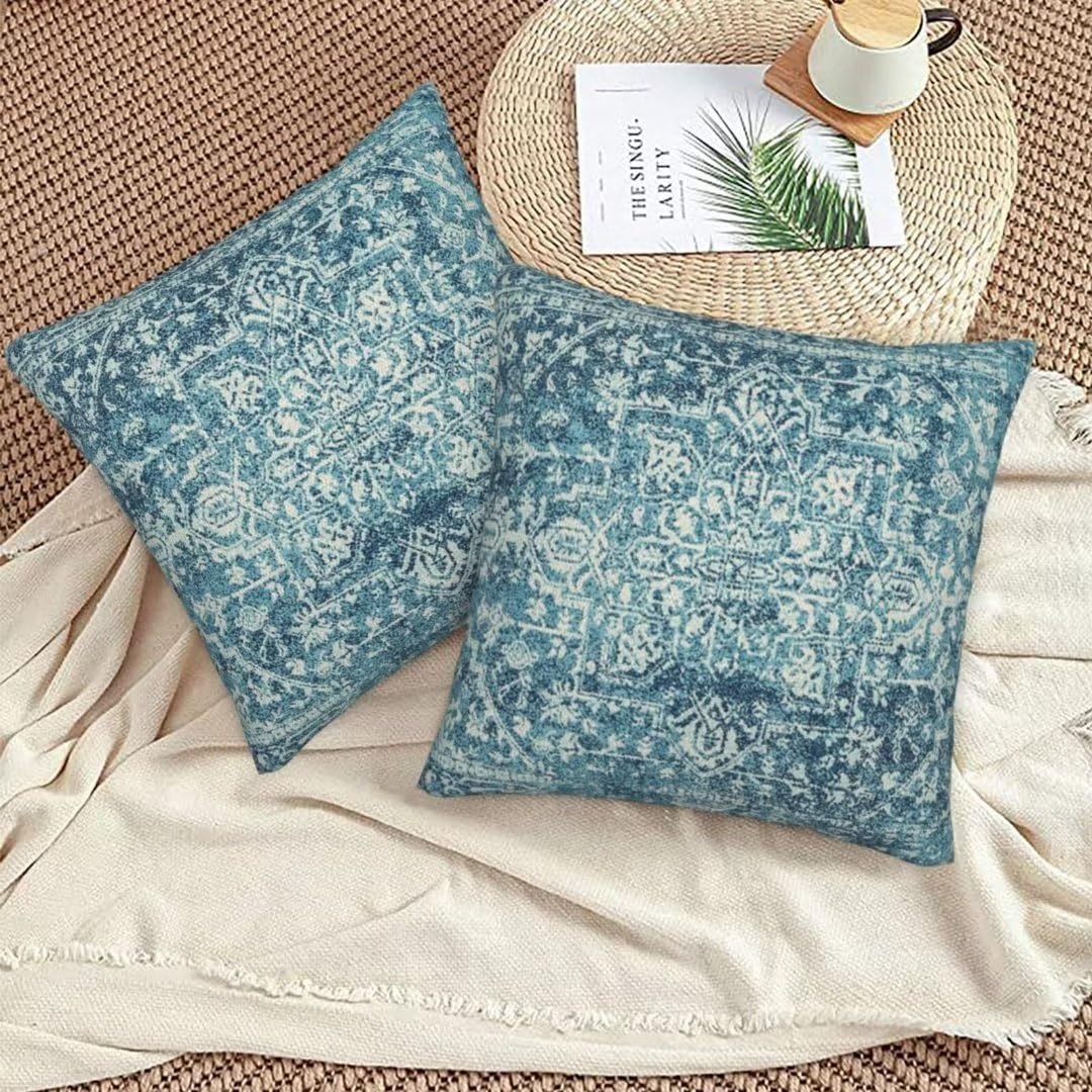 Sunshineyan Teal Boho Pillow Covers 20x20 Set of 2, Bohemian Carpet Pattern Outdoor Decorative Throw Pillows Linen Ethnic Design Rustic Farmhouse Cushion Cases for Couch Sofa Decor