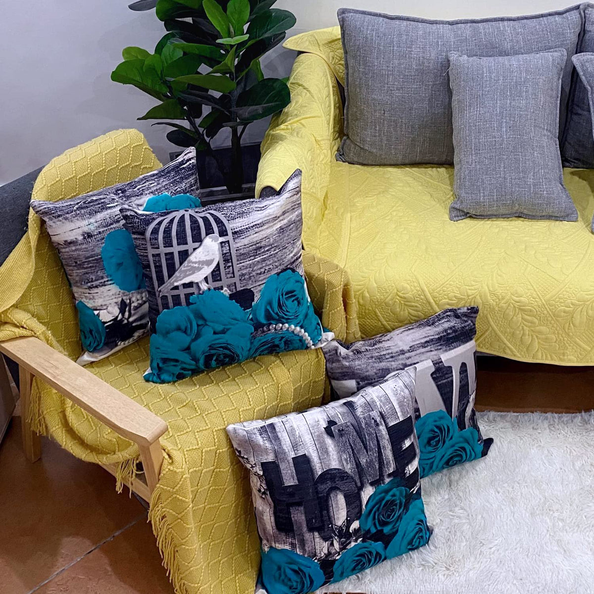 Turquoise Throw Pillow Covers 18x18 Set of 4 Farmhouse Grey Teal Pillow Cover for Couch Outdoor Patio Furniture, Linen Cotton Decorative Rose Flower Cushion Case Bed Sofa Living Room Home Decorations