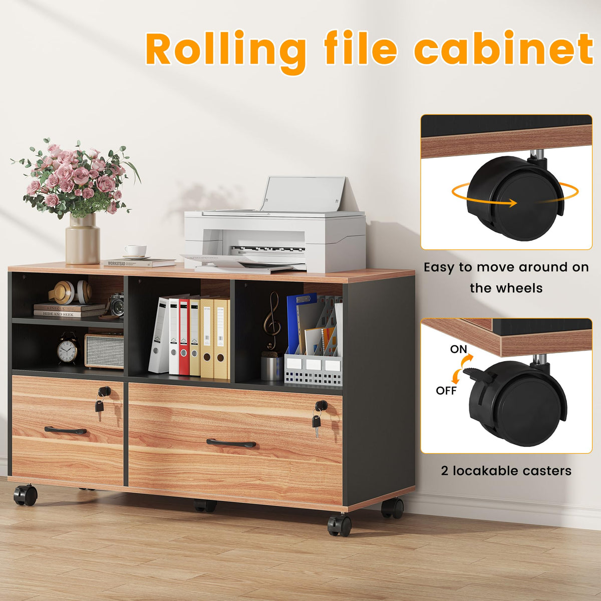 Nosepen 2 Drawer Wood Mobile Large Lateral File Cabinet with Lock, Lockable Rolling Filing Cabinet with Storage Shelves, Printer Stand Office Storage Cabinet for Home Office Fits Files Legal/A4