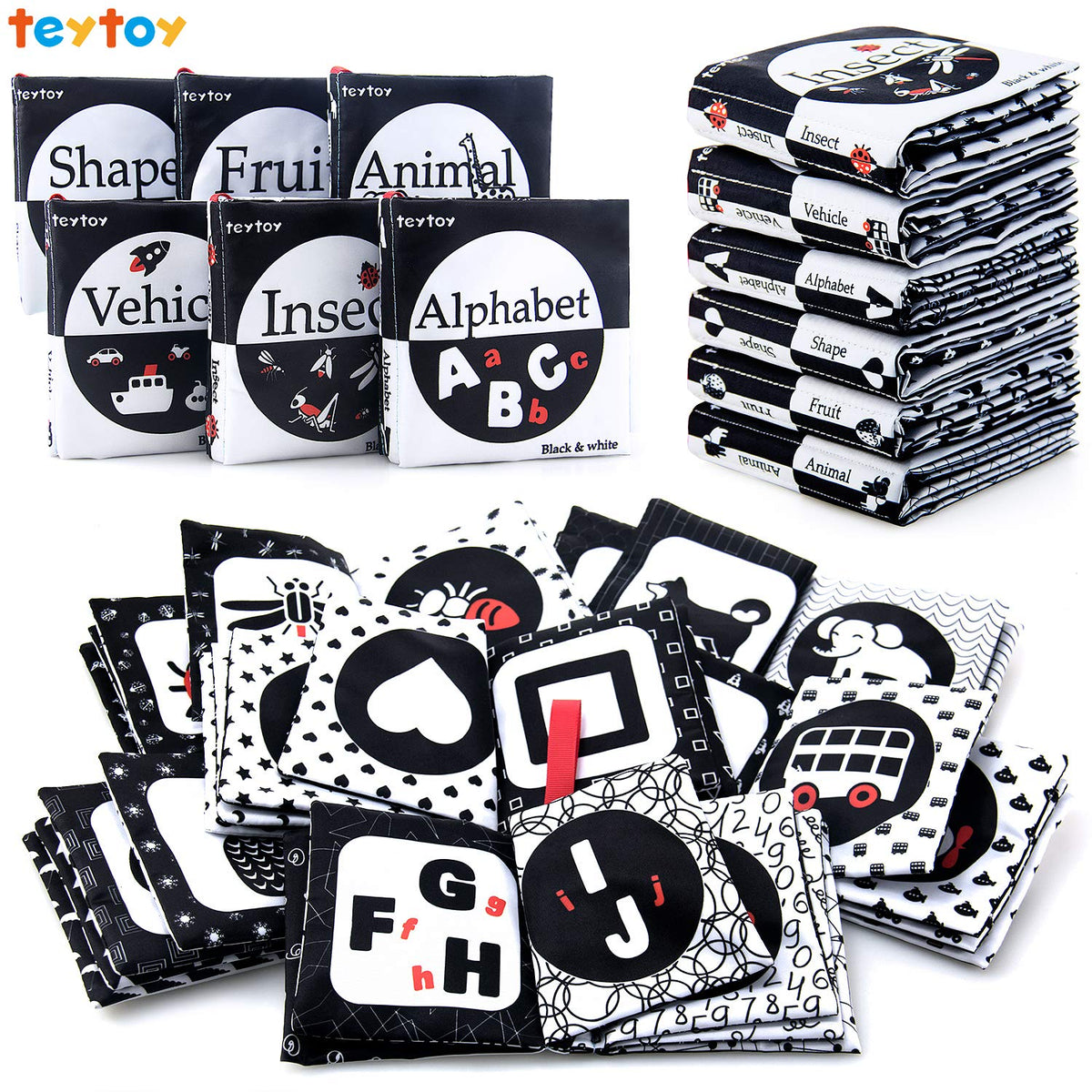 My First Soft Book,teytoy Nontoxic Fabric Baby Cloth Activity Crinkle Soft Black and White Book for Infants Boys and Girls Early Educational Toys Perfect for Baby Shower -Pack of 6