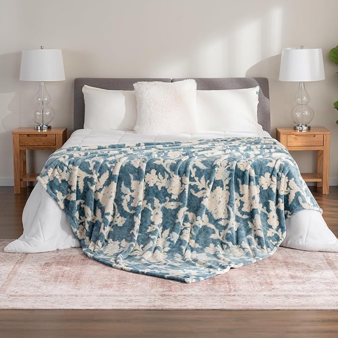 Berkshire Blanket-Classic Heavyweight Soft Printed VelvetLoft® Plush Blanket, Full/Queen Size Soft Fuzzy Warm Blanket for Couch Sofa Bed, Floral Blue, 90in x 90in