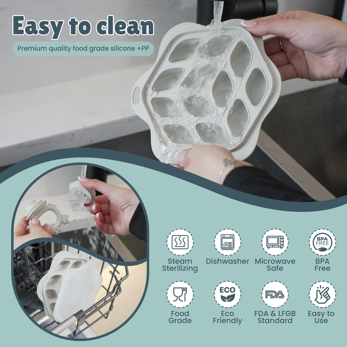 Baby Fruit Food Feeder, Bib, and Breastmilk Popsicle Molds for Teething Relief - 3 Pack Set with Multi-Portion Freezer Tray & Lid, Adjustable Spill-Resistant Bib, and 3 Pacifier Sizes (Beige)