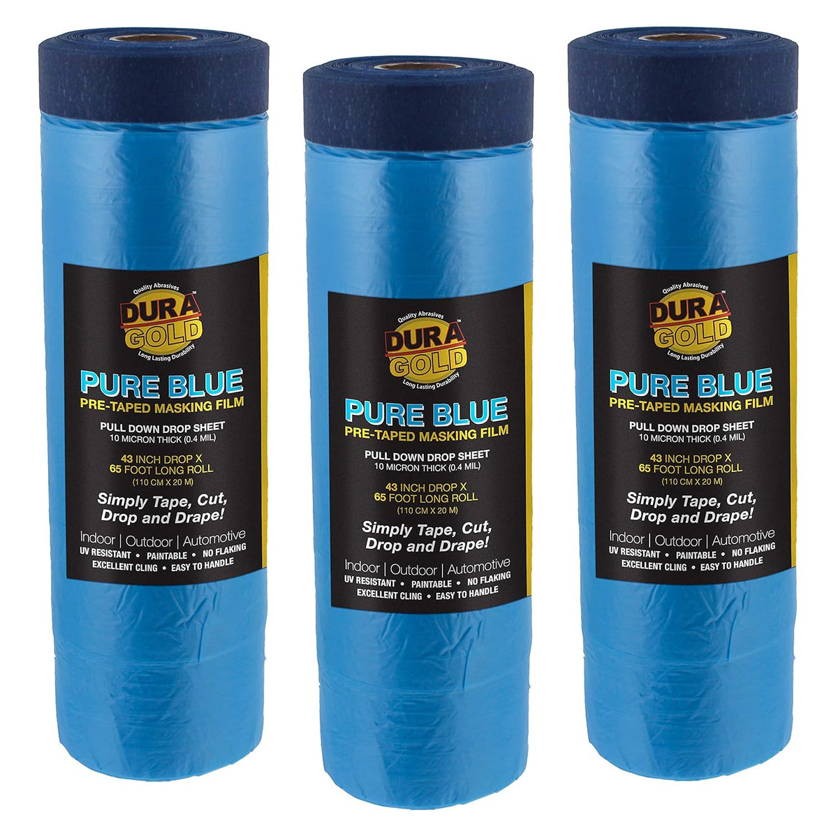 Dura-Gold 43" x 65' Pure Blue Pre-Taped Masking Film, (3 Pack) Painters Plastic Roll (0.4 Mil), Pull Down Drop Sheet, Pre-Taped Plastic Sheeting for Painting Protection on Auto, Walls, Furniture