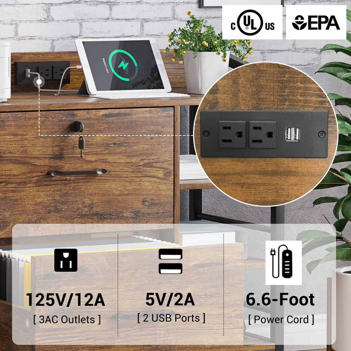 SEDETA 44" File Cabinet, Filing Cabinet fits Legal/Letter Size, 2 Drawer File Cabinets for Home Office with Lock, Power Strip, 6 Storage Shelves, Rustic Brown