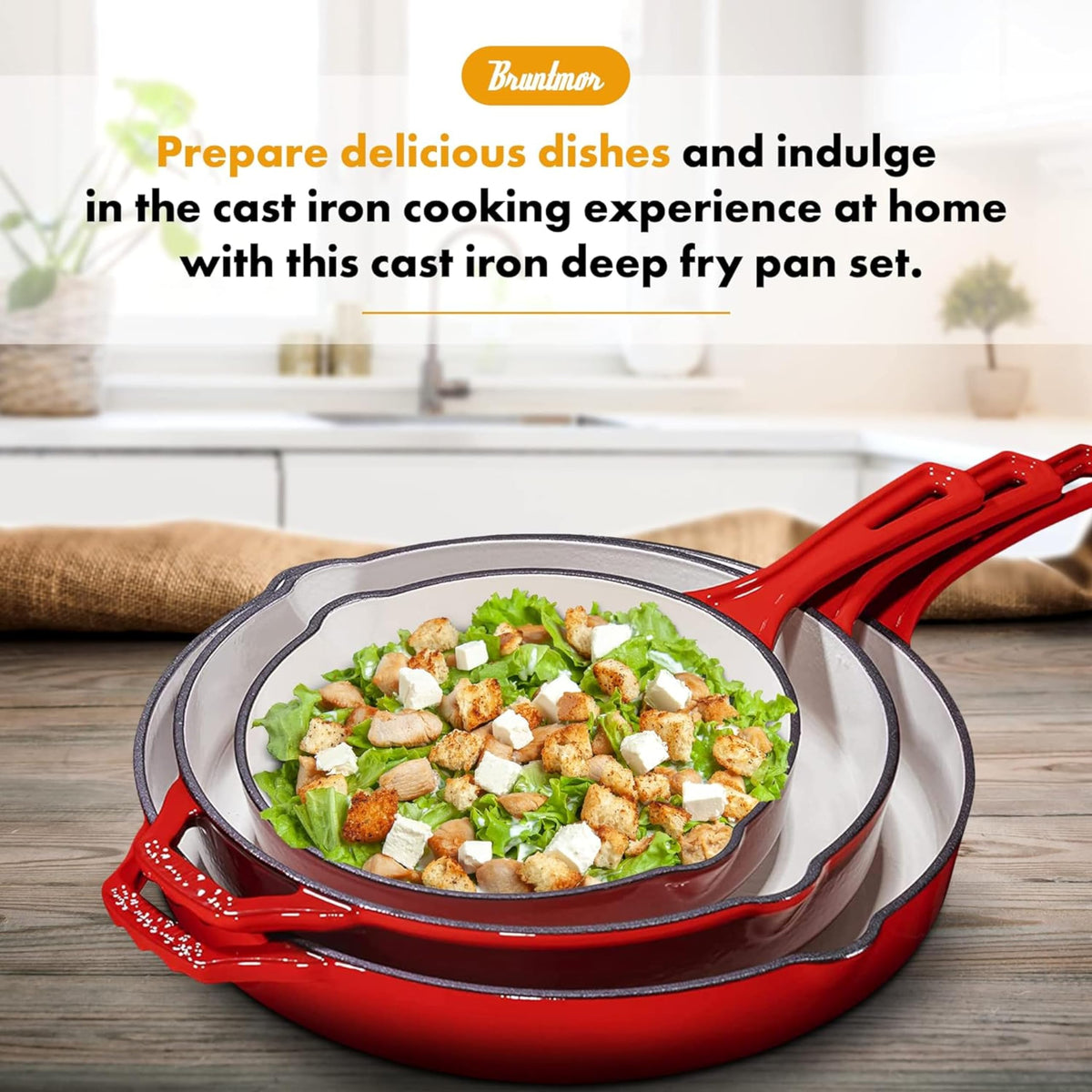 Bruntmor Enameled Cast Iron Skillet Set of 3-8, 10, and 12-Inch Non Stick Frying Pans with Tempered Glass Lids - Versatile Cast Iron Cookware Set for Casserole - Grill Pan for All Stovetops - Red