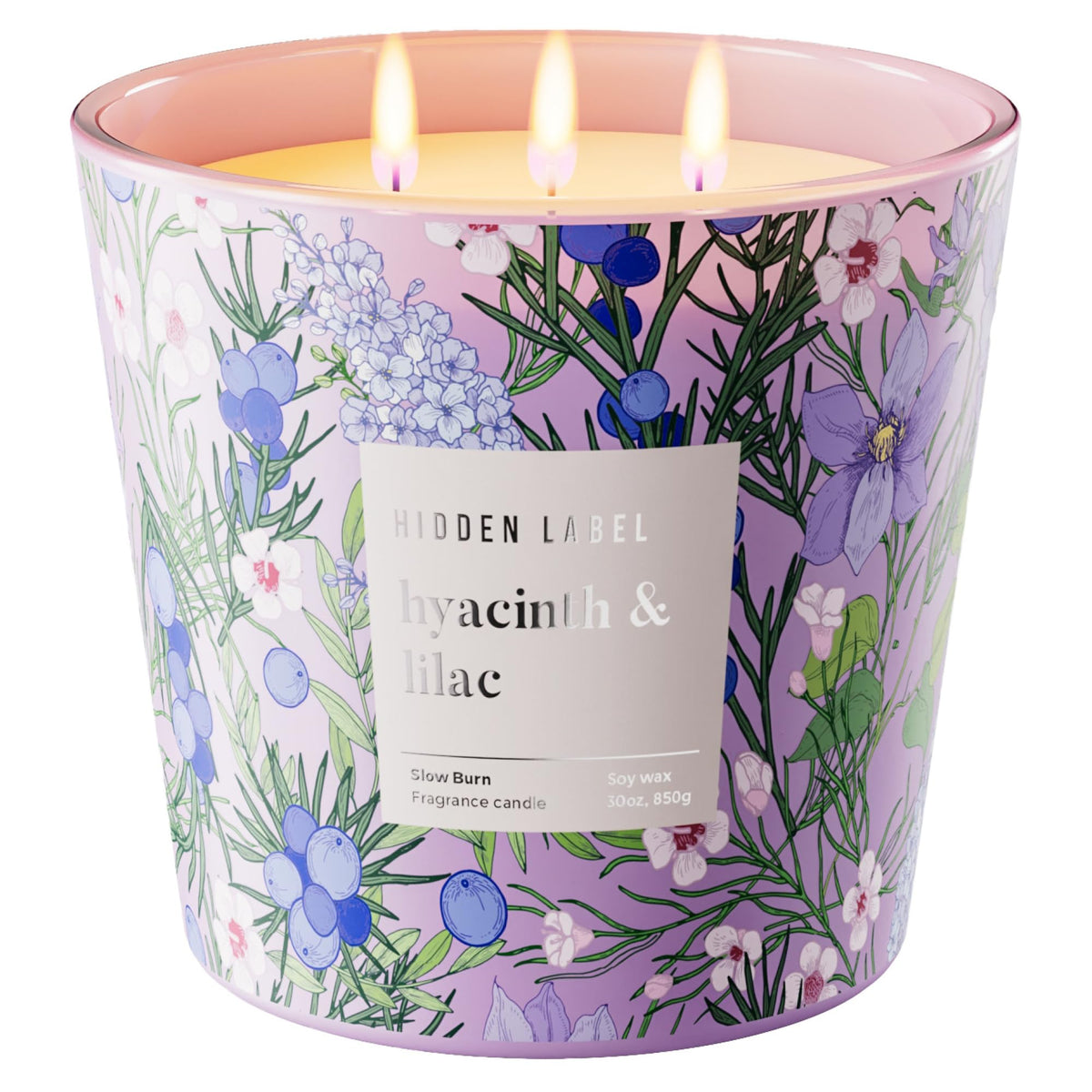 Hidden Label Hyacinth & Lilac Soy Candle, 3 Wick Large Candles for Home Scented, 30oz Natural Soy Candles Non Toxic, 100 Hour Burn Time, Aromatherapy Candle for Stress Relief, SPA, Larger Rooms