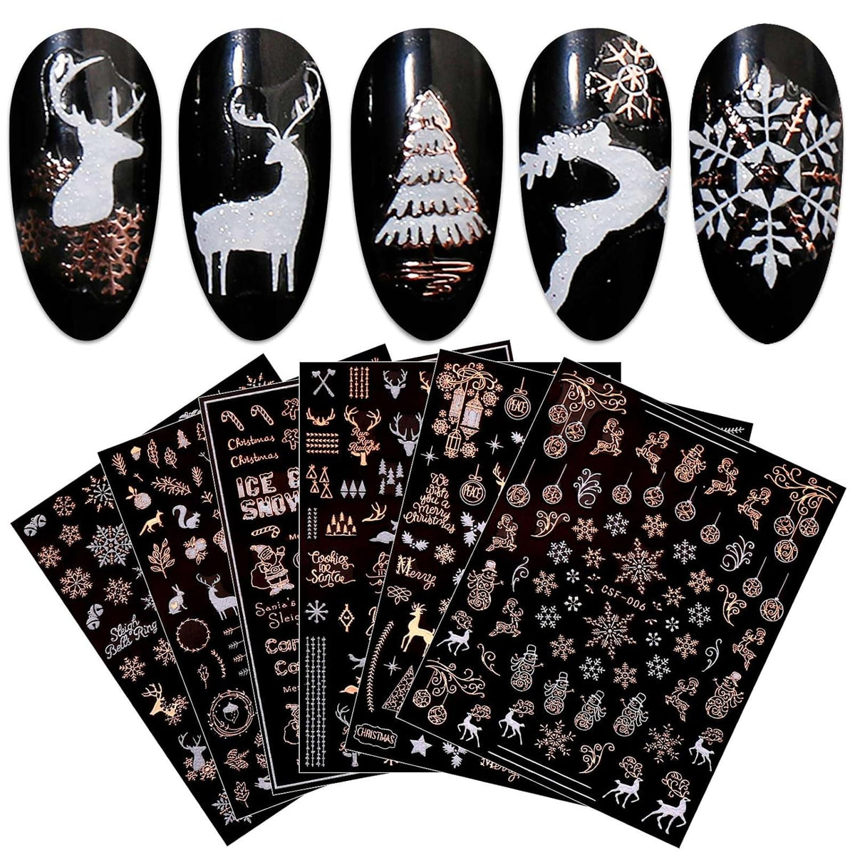 JMEOWIO 9 Sheets Christmas White Glitter Nail Art Stickers Decals Self-Adhesive Snowflake Winter Holiday Rose Gold Nail Supplies Nail Art Design Decoration Accessories