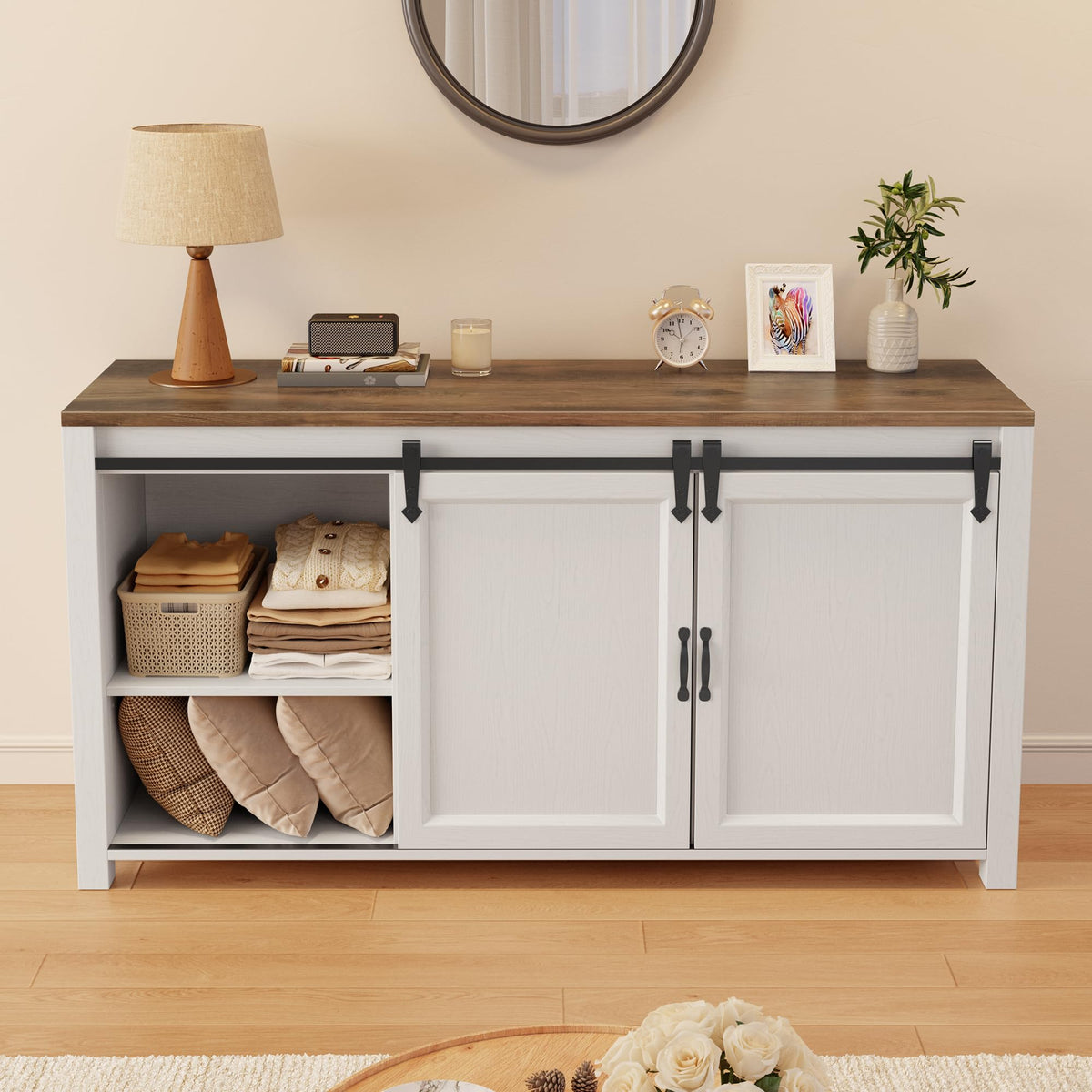 Gizoon Sideboard Buffet Cabinet with Storage, Large Kitchen Sideboard and Coffee Bar with Sliding Barn Doors and 4 Drawers, Kitchen Storage Island for Dining Room, Living Room, Retro