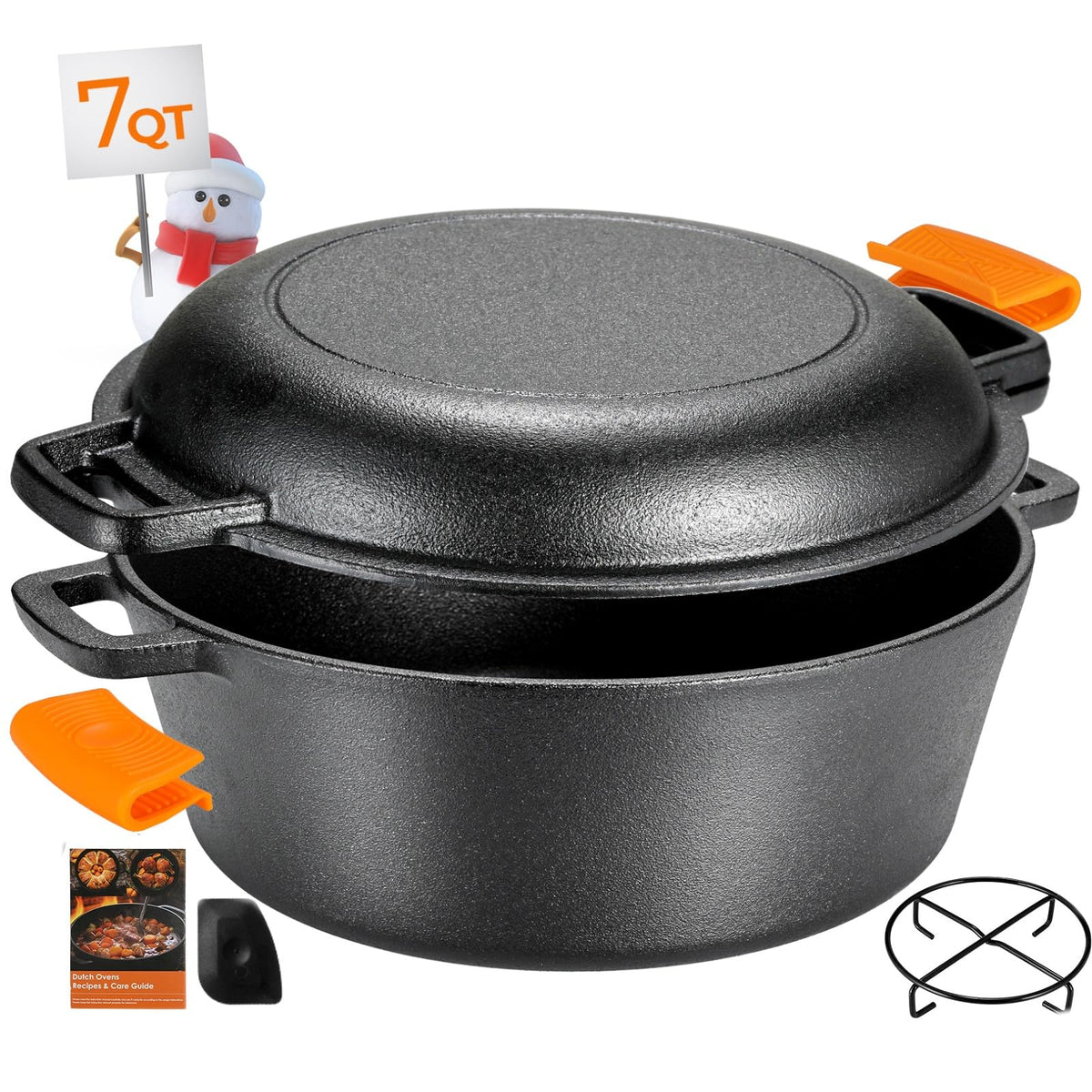 TLGREEN Cast Iron Dutch Oven Pot with Lid, Pot (5.1QT) and Lid as a Skillet(1.9QT) - Dutch Oven Cast Iron with Silicone Holders, Iron Stand, for Oven, Stove, Grill，Campfire